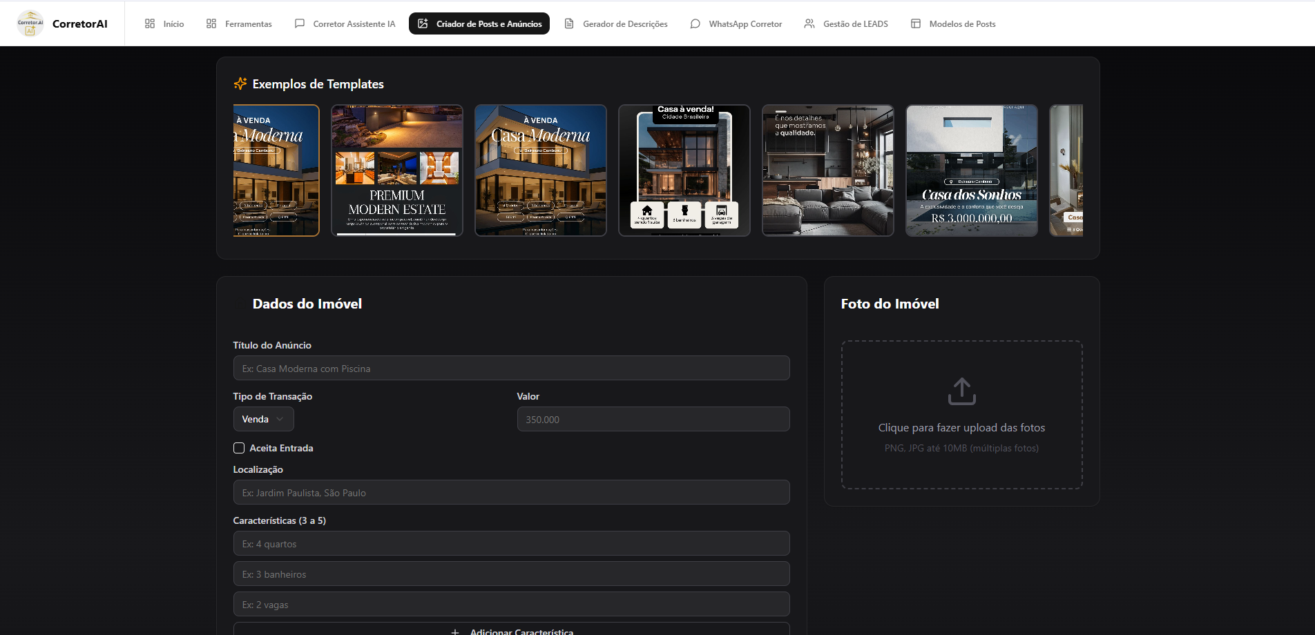 Interface do Criador de Posts dentro do Corretor.IA