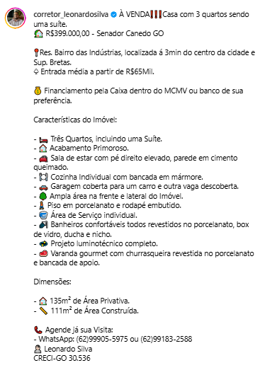 Descrição exemplo 2 - Casa em Senador Canedo