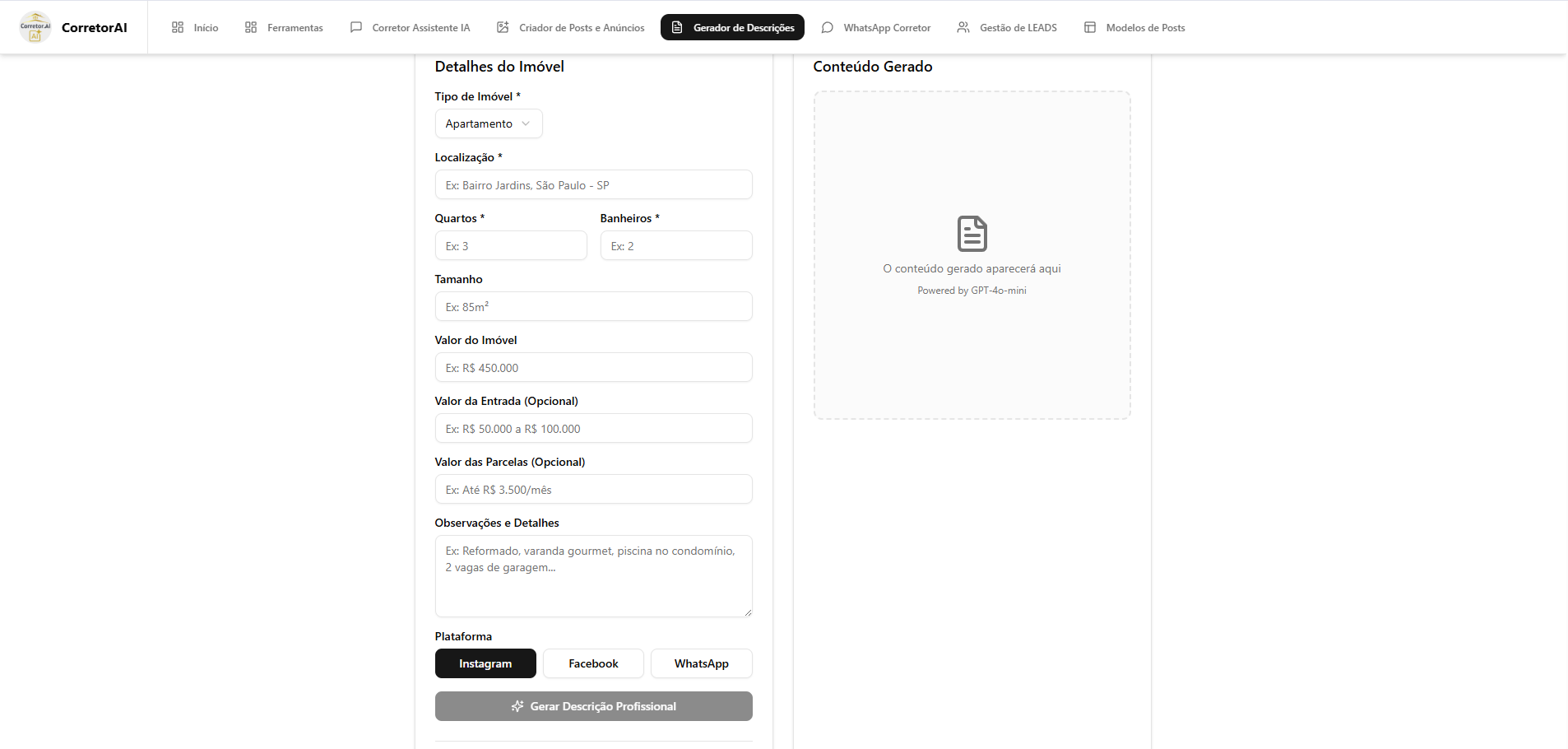Interface do Gerador de Descrições dentro do Corretor.IA