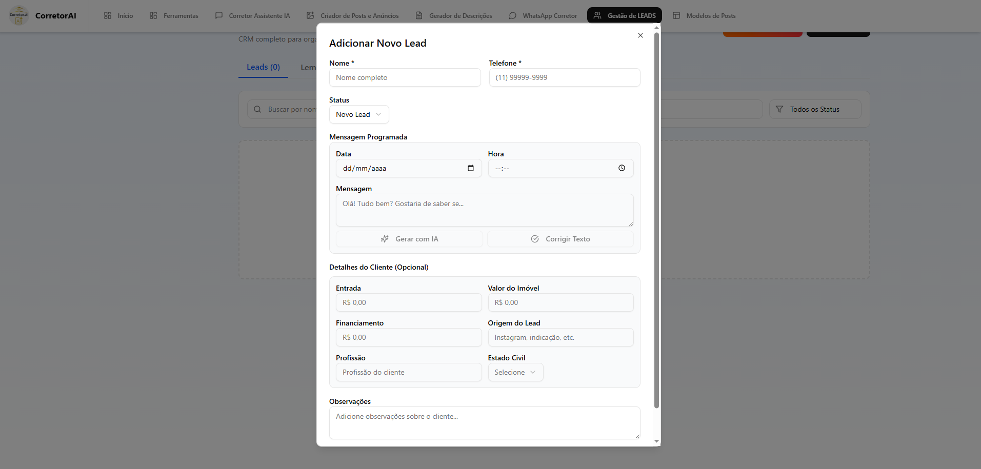 Interface do Sistema de Gestão de LEADS